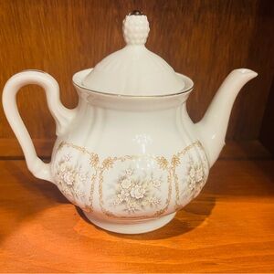 White Floral Gold-Trim Porcelain Teapot